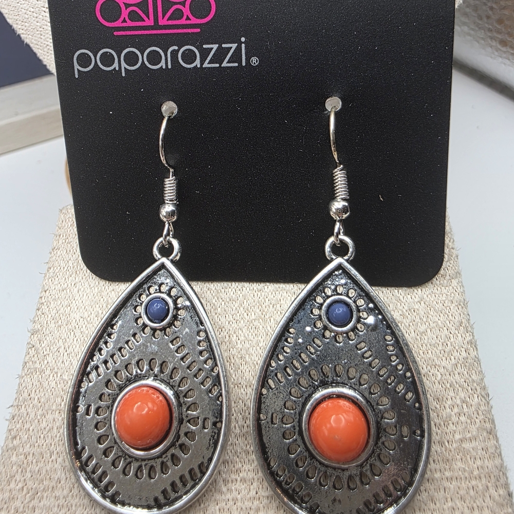 Paparazzi Silver Earrings with Orange and Blue Accents (763)